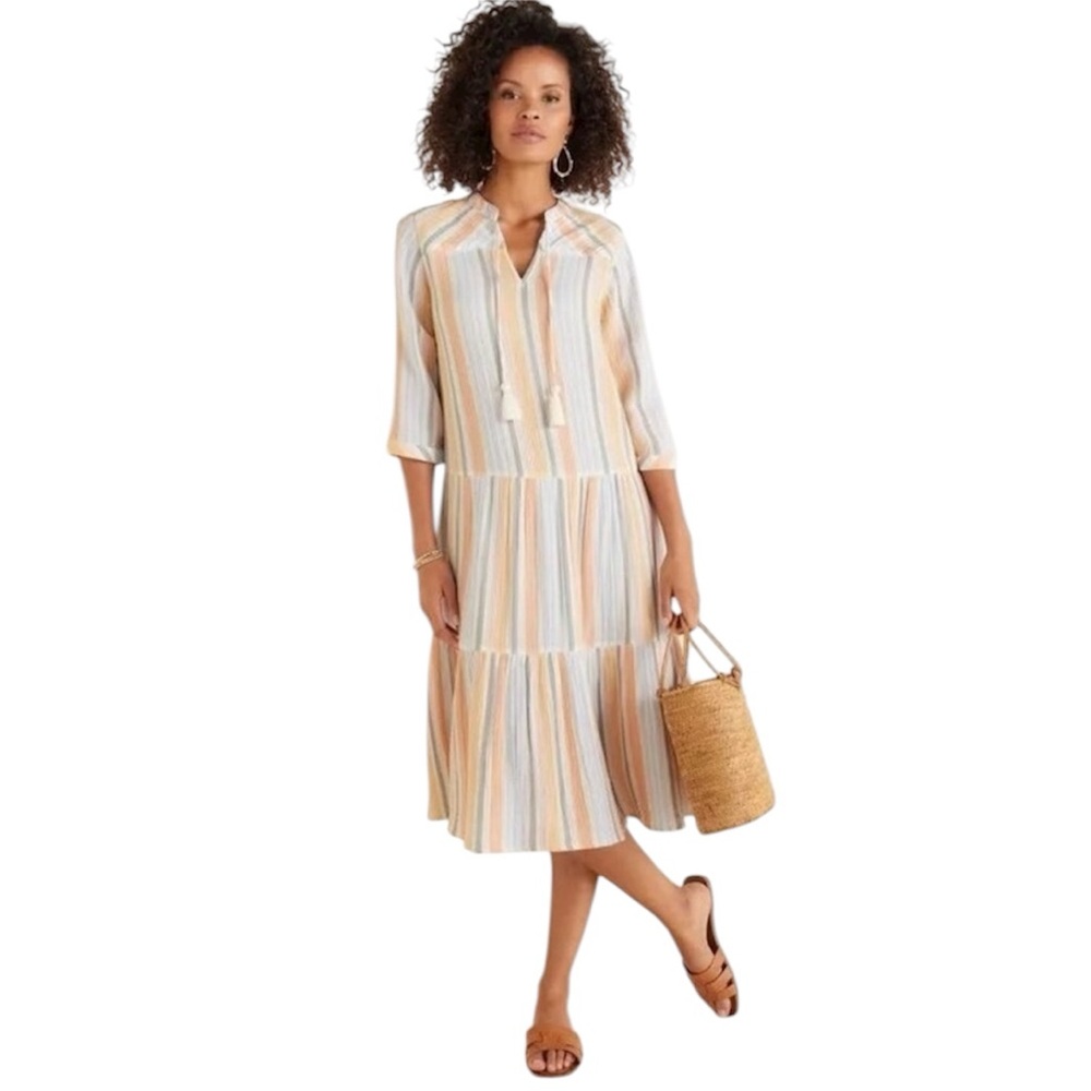 Soft Surroundings Laguna Gauze Striped Tiered Dress 3/4 Sleeves Size 1X